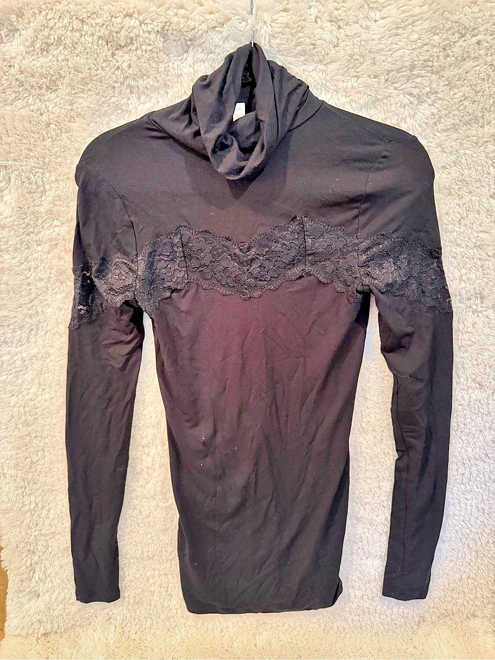 Free People Black Rib and Lace Long Sleeve Turtleneck Layering Top, Medium